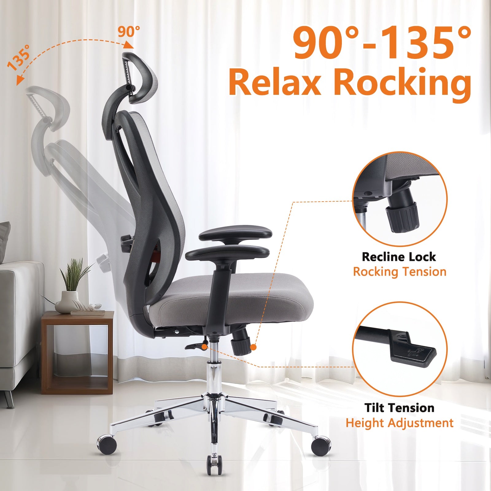 Ergonomic high-back mesh office chair with adjustable height, reclining backrest, rotating headrest, lumbar support, breathable mesh, padded seat, and sturdy aluminum base supporting up to 330 lbs.