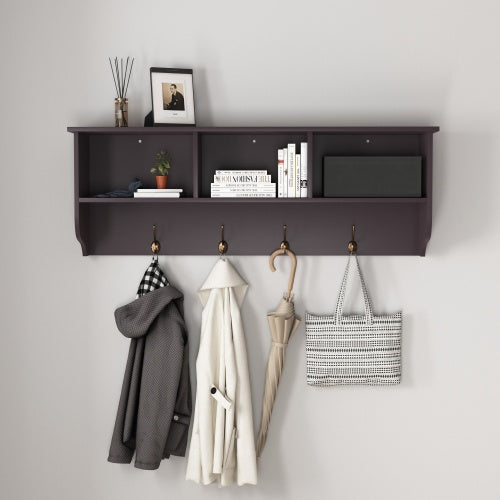 Espresso wall-mounted coat rack with shelf, 4 dual hooks, and 3 open cubbies for entryway storage and organization