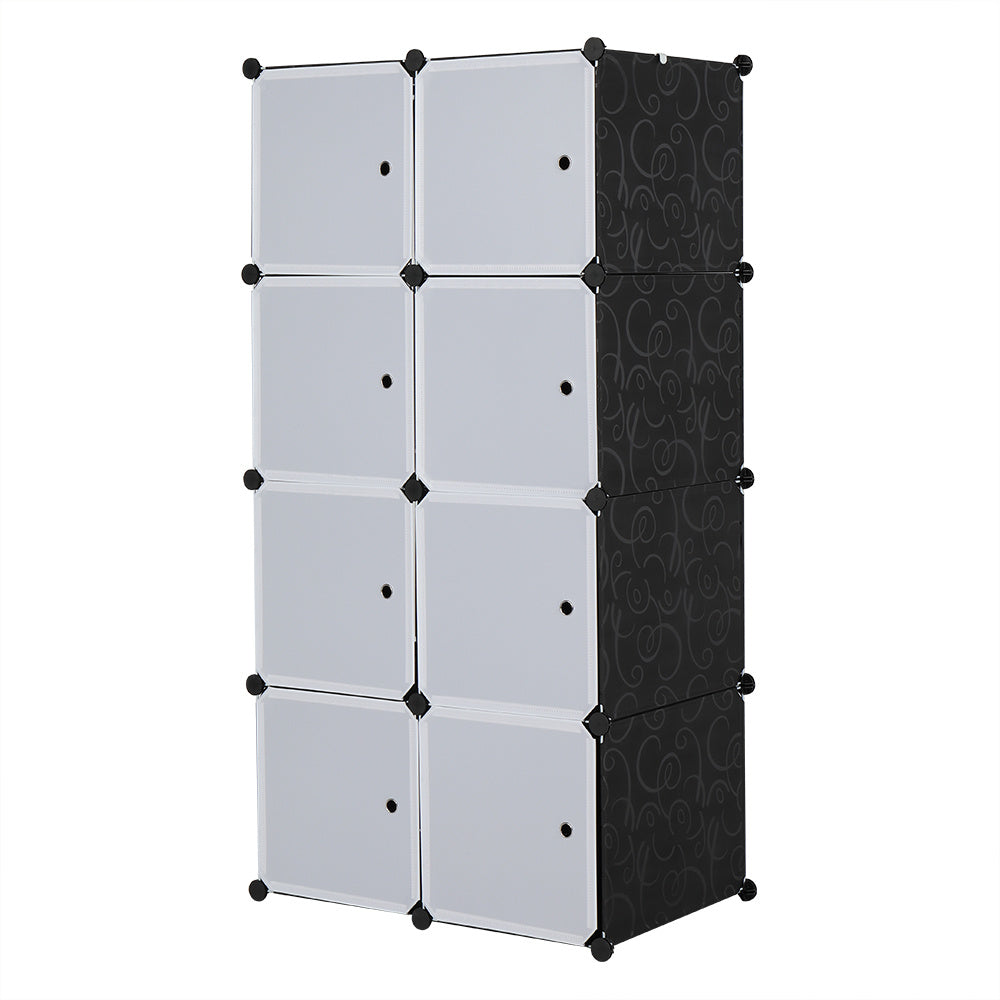 8-cube modular plastic storage organizer with doors and built-in hanging rod, stackable DIY closet cabinet for clothes, shoes, books, and household items in bedroom or entryway