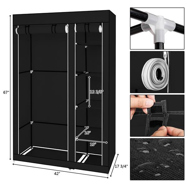 67-inch portable closet wardrobe organizer with hanging rod and shelves, made of non-woven fabric and steel frame, in gray color
