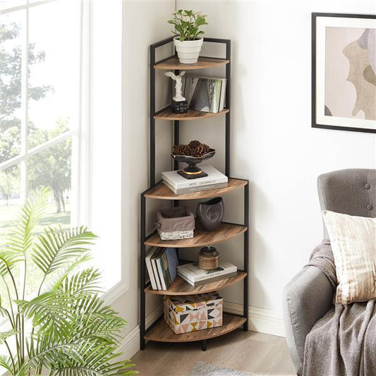Modern 6-tier rustic brown corner bookshelf with open shelves, ideal for small spaces, displaying books, plants, and decorative items, made from durable wood