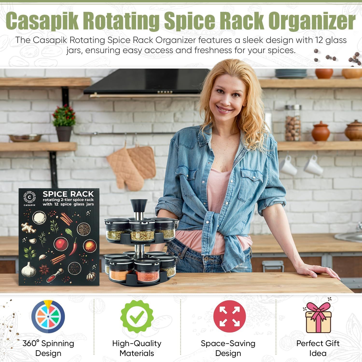 Revolving spice rack organizer with 12 glass jars, rotating countertop storage for kitchen spices and herbs