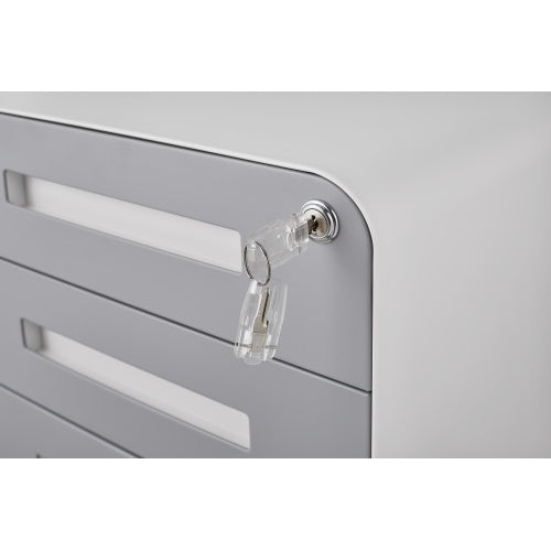 Modern 3-drawer mobile filing cabinet in white and grey cold-rolled steel, with central lock, full-extension drawers, and 5-wheel base—fits A4, letter, and legal files, ideal for home or office use.