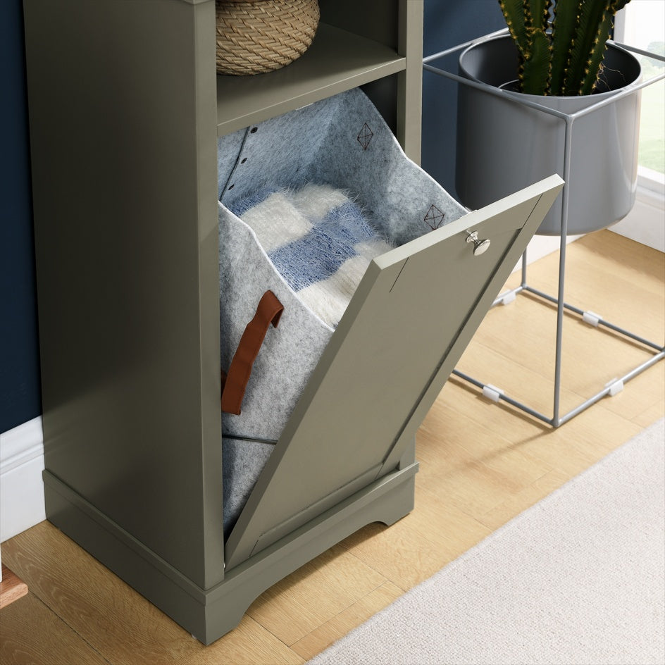 Slim 64-inch tall gray storage cabinet with four open shelves and built-in laundry hamper, ideal for bathrooms, kitchens, or small spaces