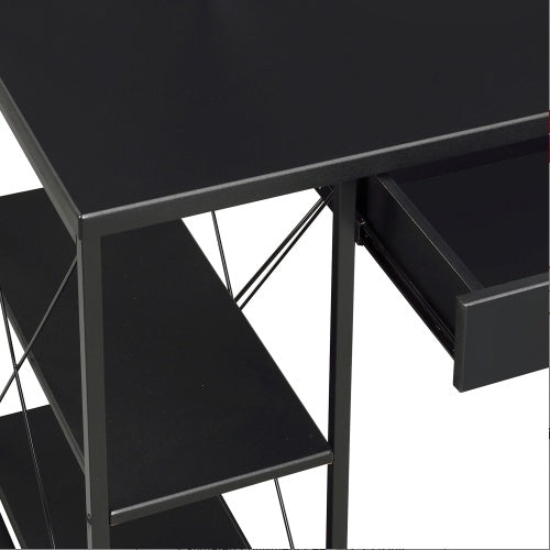 Sleek black office desk with open shelves, hutch, and drawer—features wood surface and sturdy metal sled base, ideal for organized home office or studio workspace