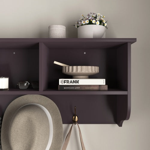 Espresso wall-mounted coat rack with shelf, 4 dual hooks, and 3 open cubbies for entryway storage and organization
