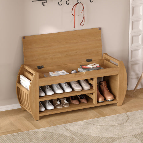 Retro multifunctional storage bench with cushioned seat, open shelves, and hidden compartment—wooden frame in modern design, ideal for entryway, hallway, or living room