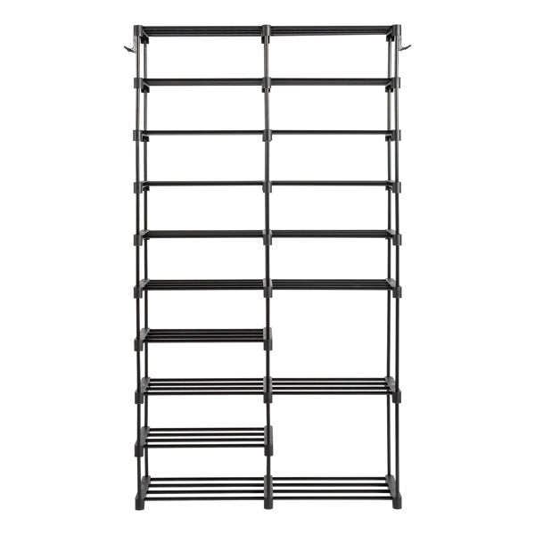 Black double-row 9-tier shoe rack with handles, featuring a sturdy iron frame and non-woven fabric shelves, designed for efficient vertical shoe storage in entryways or closets