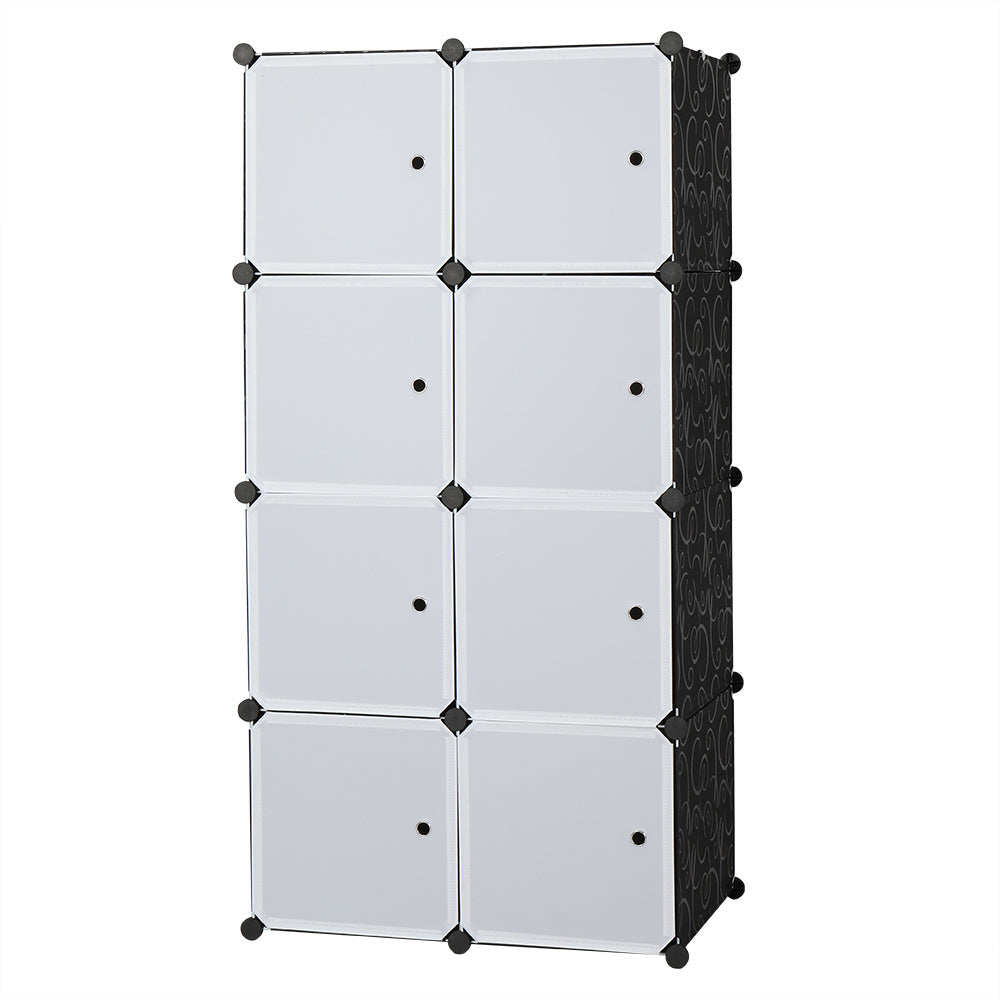 8-cube modular plastic storage organizer with doors and built-in hanging rod, stackable DIY closet cabinet for clothes, shoes, books, and household items in bedroom or entryway