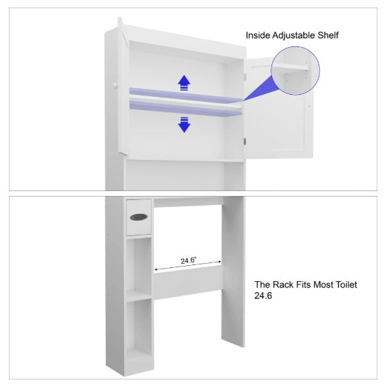 White over-the-toilet storage cabinet with two farmhouse-style doors and open bottom shelf for bathroom organization.