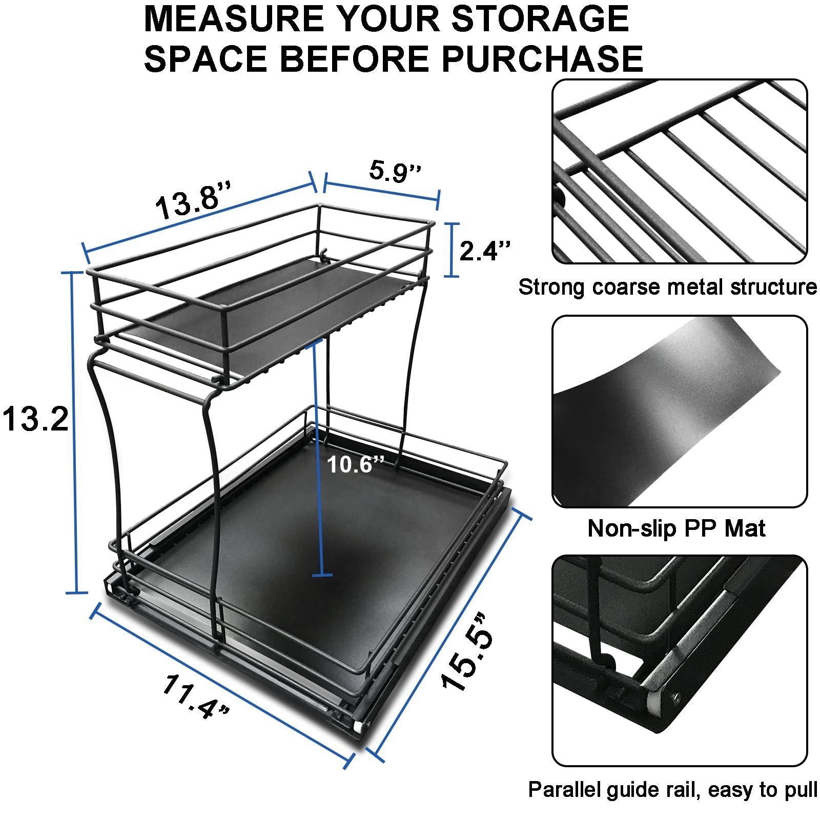 L-shaped metal pull-out cabinet organizer with two sliding drawers, made of stainless steel, designed to maximize under-sink storage by fitting around plumbing, featuring a rust-resistant finish