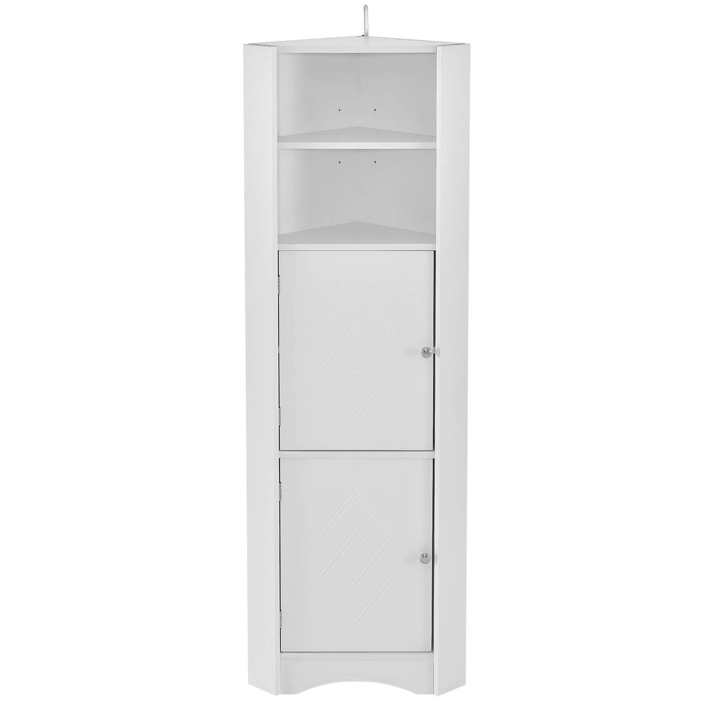 Tall white corner bathroom cabinet with triangular design, double doors, and adjustable interior shelves, fits neatly into small spaces for organized storage of toiletries and essentials