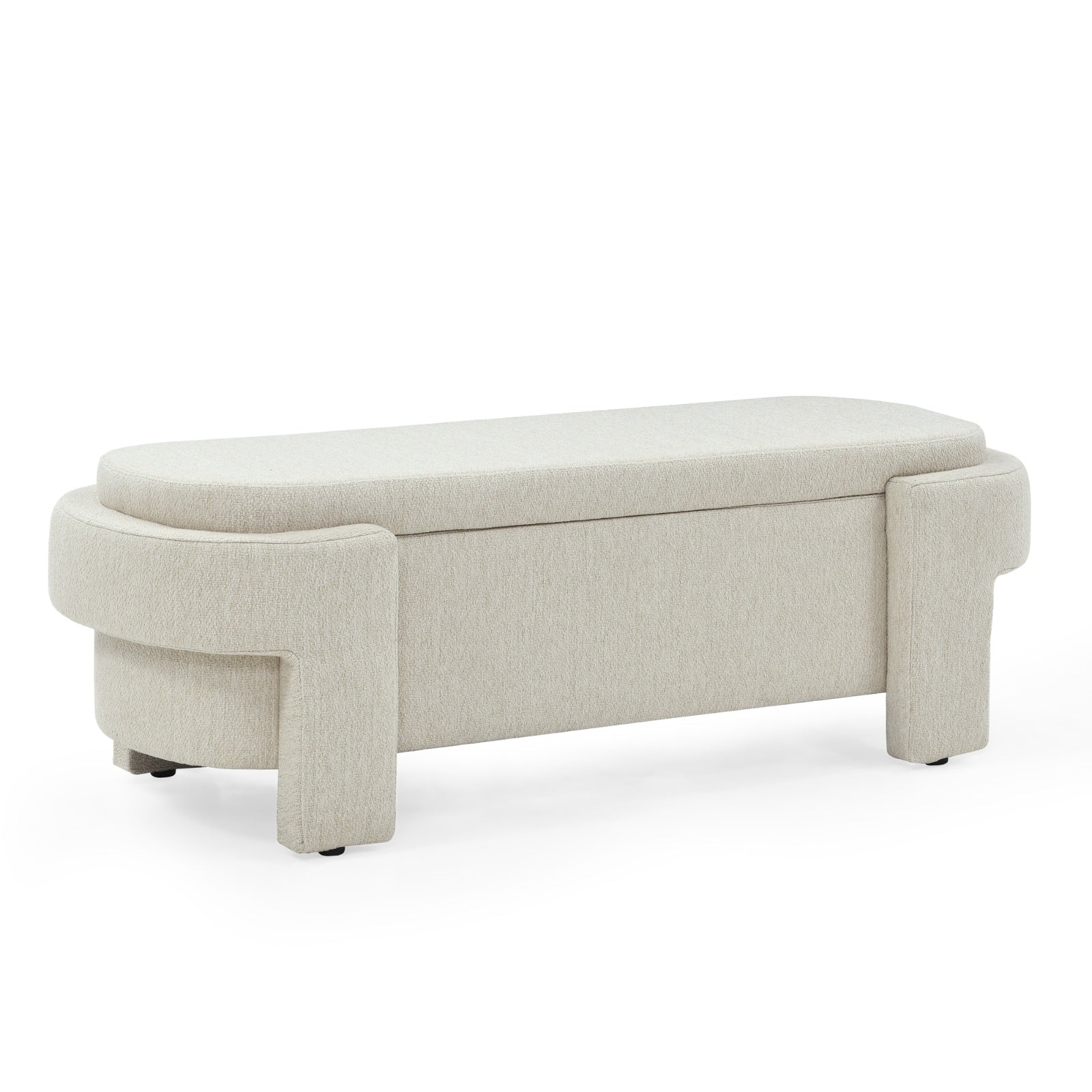 Beige linen fabric storage bench with cushioned seat and hidden compartment for living room or entryway organization