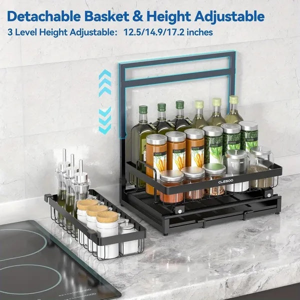 Black 2-tier slide-out under sink organizer with metal L-shaped shelves, smooth sliding bottom drawer on pulleys, ideal for kitchen and bathroom storage of cleaning supplies and spices.