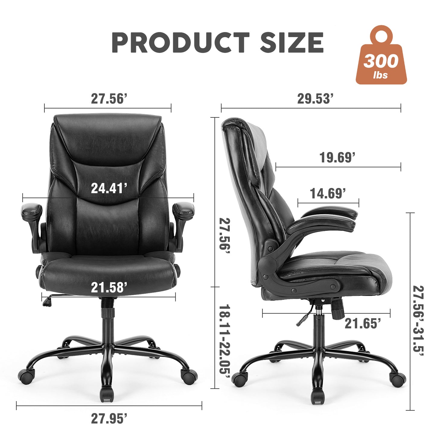 PU leather executive office chair with high back, ergonomic lumbar support, flip-up armrests, 360° swivel wheels, and durable frame supporting up to 275 lbs