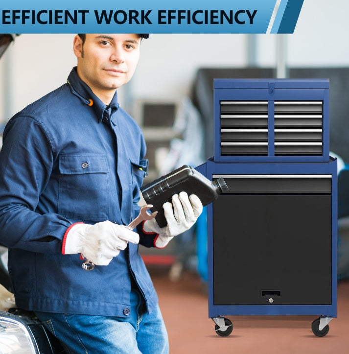 Mobile auto repair tool cart with multiple drawers and top toolbox, sturdy iron frame, and smooth wheels for easy movement in workshop