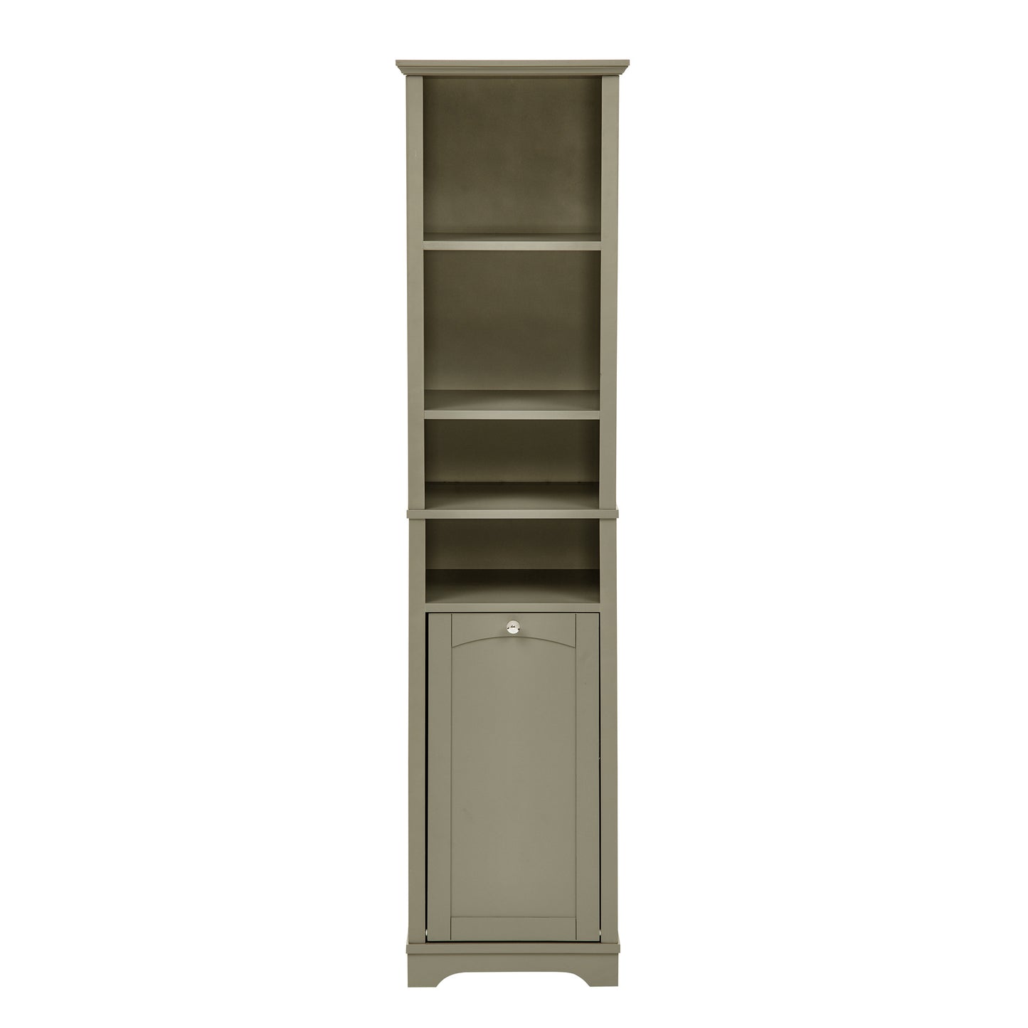 Slim 64-inch tall gray storage cabinet with four open shelves and built-in laundry hamper, ideal for bathrooms, kitchens, or small spaces