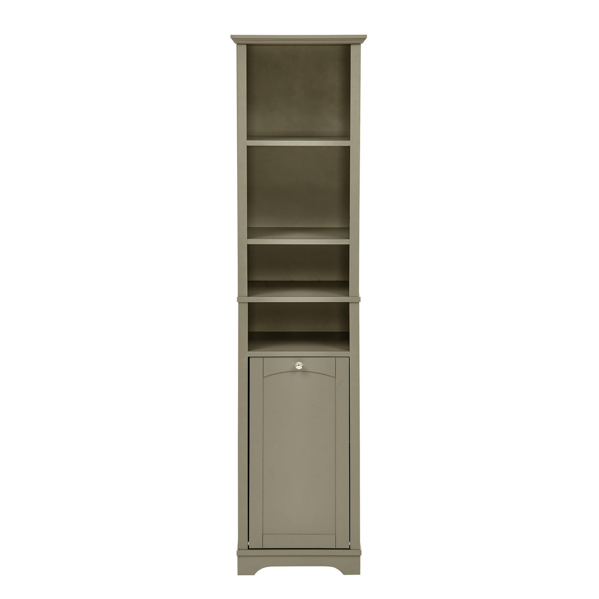 Slim 64-inch tall gray storage cabinet with four open shelves and built-in laundry hamper, ideal for bathrooms, kitchens, or small spaces