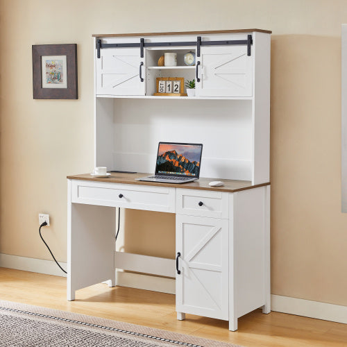 White rustic farmhouse wooden home office desk made of particle board with built-in charging station, dimensions 47.2" L x 19.7" W x 67.9" H