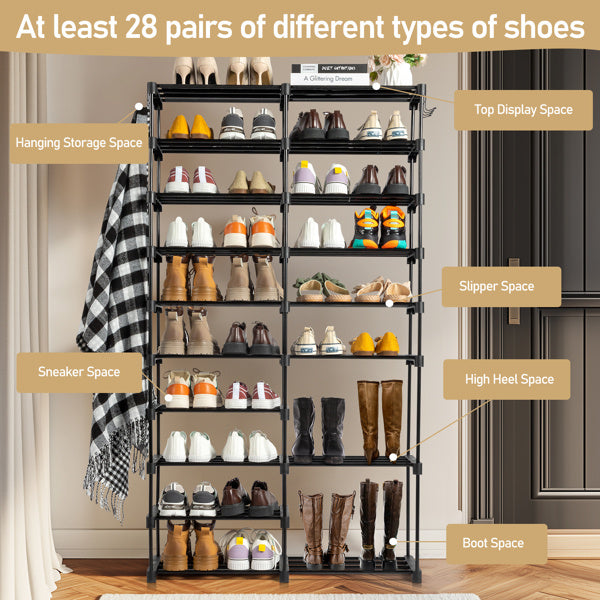 Black double-row 9-tier shoe rack with handles, featuring a sturdy iron frame and non-woven fabric shelves, designed for efficient vertical shoe storage in entryways or closets