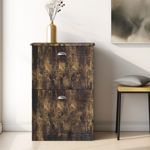 Vintage slim shoe cabinet with two flip drawers in compact wood design, ideal for entryway or hallway storage
