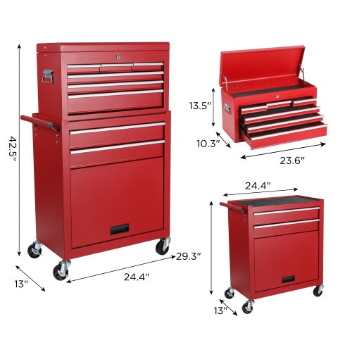 8-drawer rolling tool chest with detachable top toolbox, sturdy metal construction, mobile tool storage cart with caster wheels for easy workshop organization