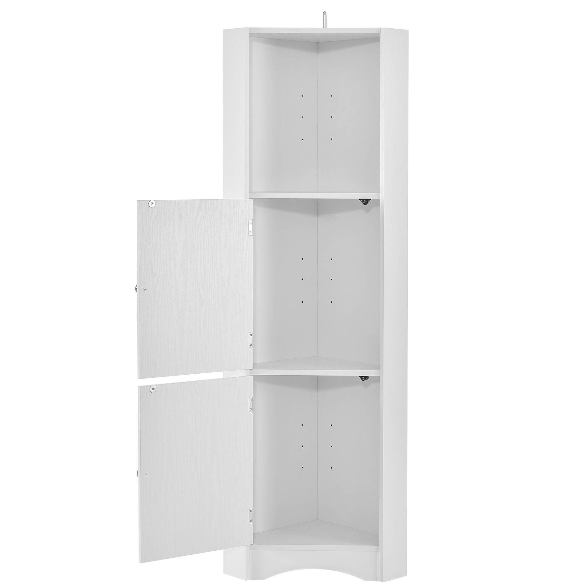 Tall white corner bathroom cabinet with triangular design, double doors, and adjustable interior shelves, fits neatly into small spaces for organized storage of toiletries and essentials