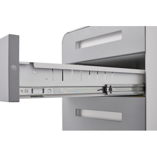 Modern 3-drawer mobile filing cabinet in white and grey cold-rolled steel, with central lock, full-extension drawers, and 5-wheel base—fits A4, letter, and legal files, ideal for home or office use.