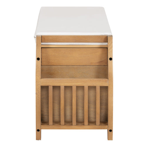 Retro multifunctional storage bench with cushioned seat, open shelves, and hidden compartment—wooden frame in modern design, ideal for entryway, hallway, or living room