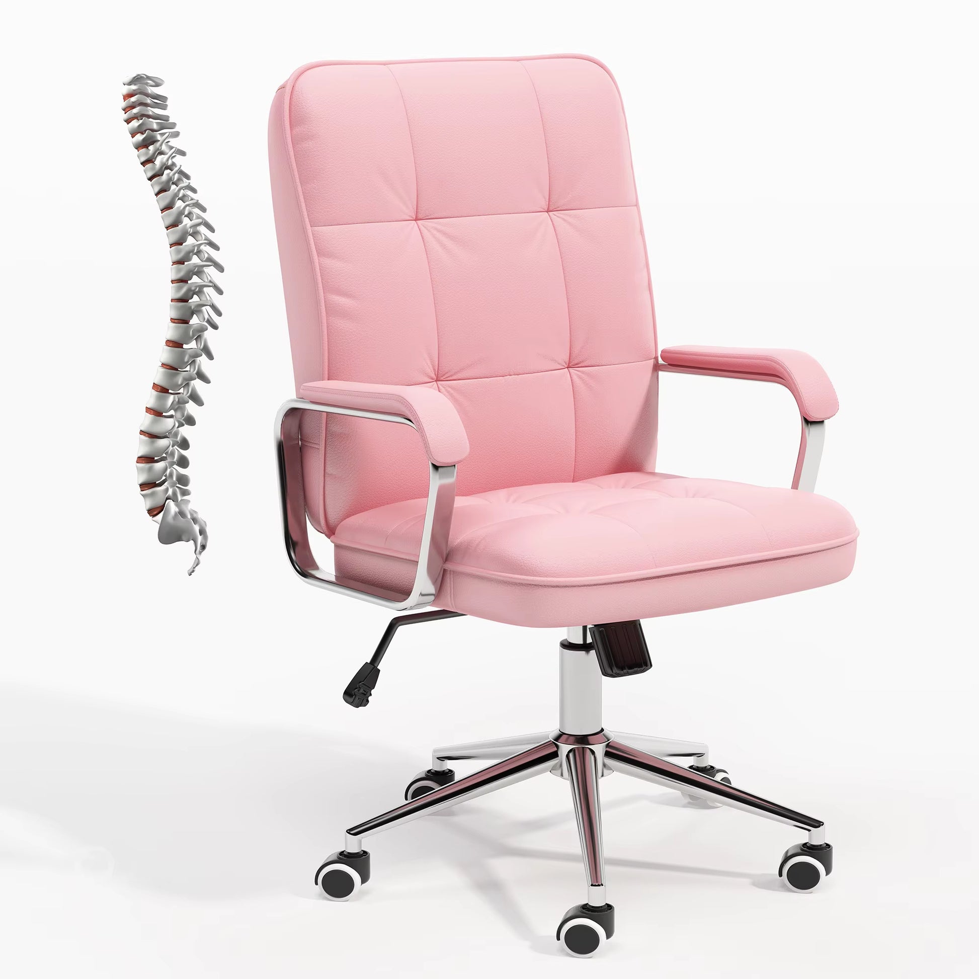 Ergonomic leather office chair with swivel and height lift, aluminum frame, designed as an executive study desk chair for comfort and adjustability