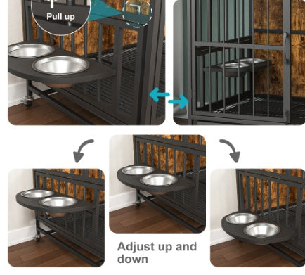 Modern kennel dog cage furniture with sturdy ironwood frame and durable particleboard, antique brown finish, foldable top panel, adjustable feeding basin with stainless steel bowls, removable tray, wheels for easy mobility, supports dogs up to 80 lbs