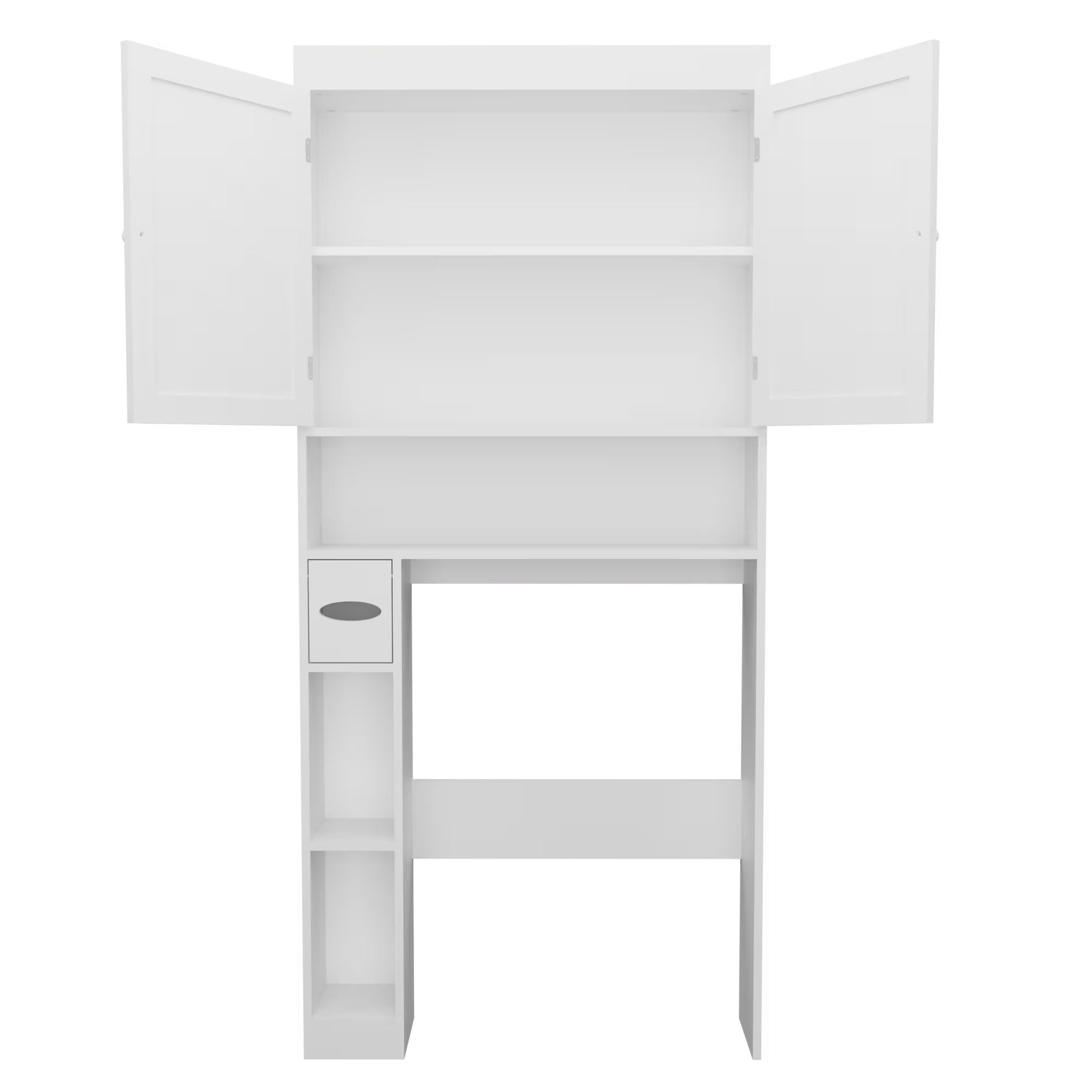 White over-the-toilet storage cabinet with farmhouse double-door design, fits above toilet for space-saving bathroom organization