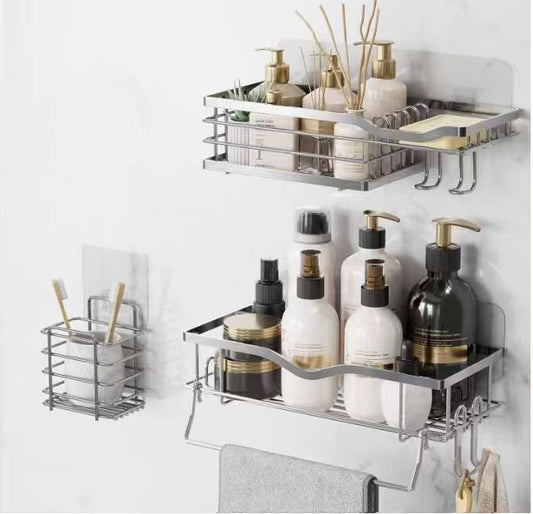 Shower caddy with soap dish and multiple hooks for hanging toiletries, designed for bathroom organization and easy access