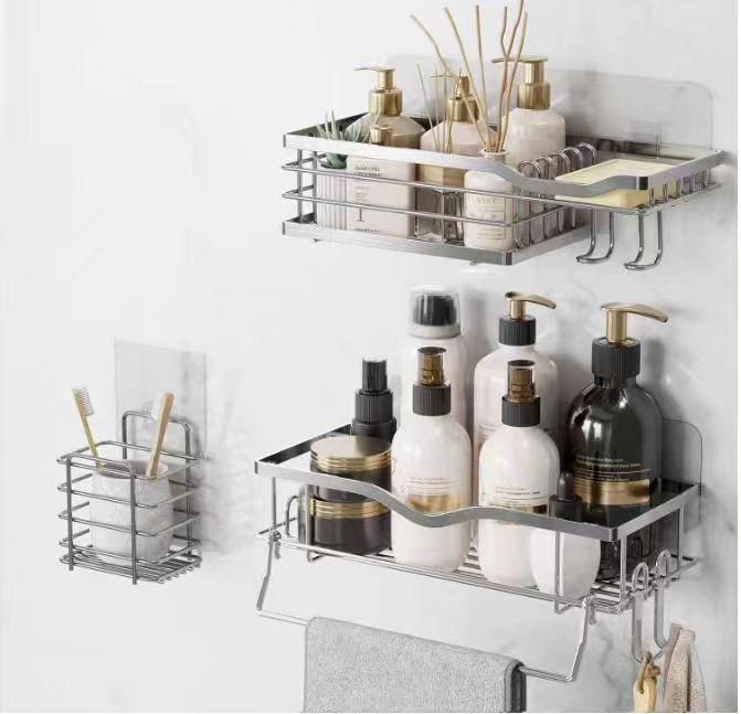 Shower caddy with soap dish and multiple hooks for hanging toiletries, designed for bathroom organization and easy access