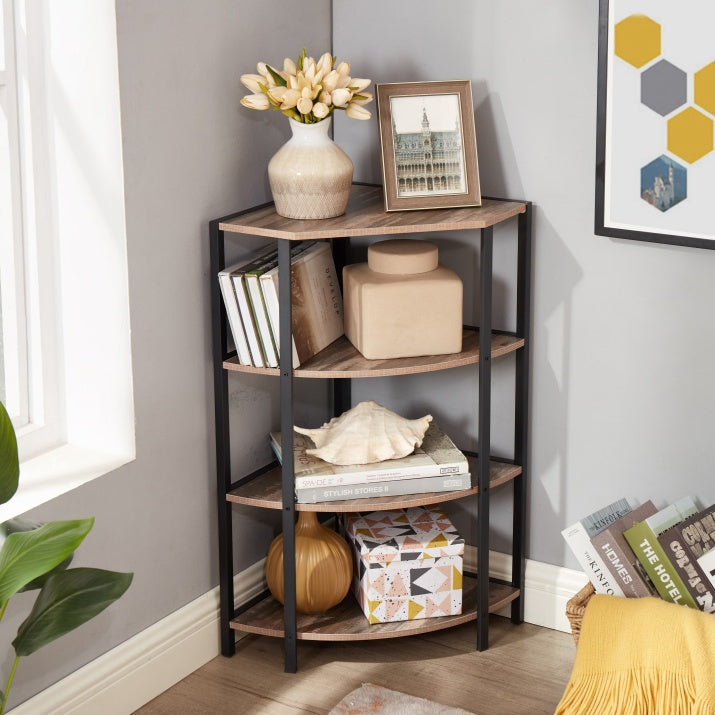 Black and brown 4-tier corner shelf with a modern-rustic design, featuring four open particle board shelves arranged in a vertical structure that fits neatly into a corner; ideal for storing books, plants, or decorative items in kitchens, home offices, living rooms, or small spaces.