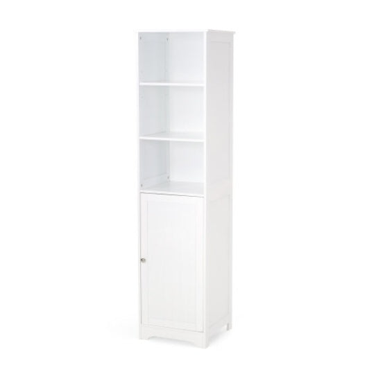 Modern white bathroom linen cabinet with slim vertical design, featuring open shelves and lower cabinet doors for organized storage of towels, toiletries, and essentials in small spaces.