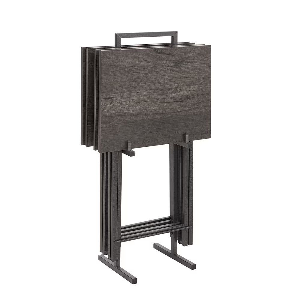 5-piece grey folding TV tray table set with storage stand – portable snack and laptop tables for living room or small spaces