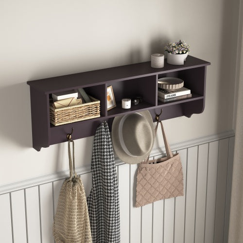 Espresso wall-mounted coat rack with shelf, 4 dual hooks, and 3 open cubbies for entryway storage and organization