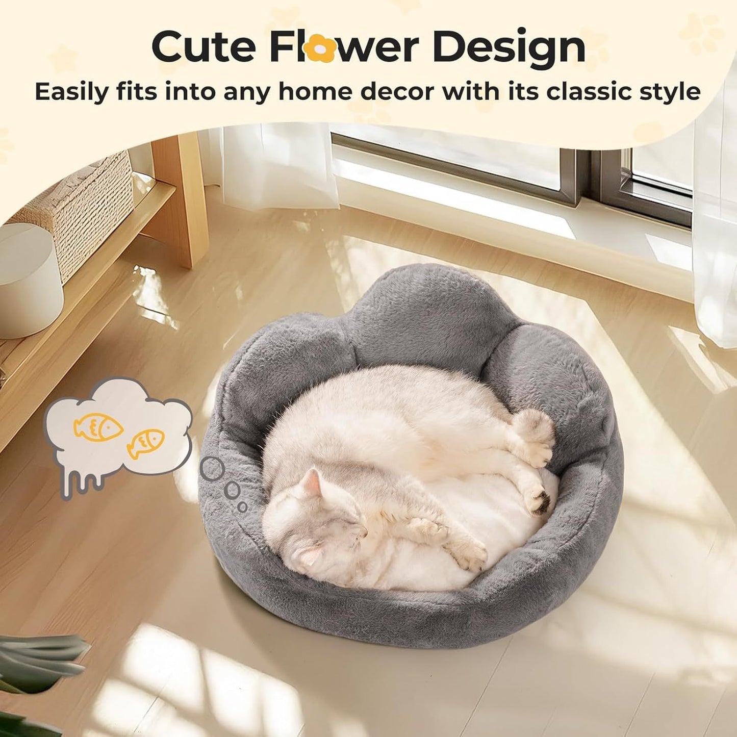 MEWOOFUN Washable Fluffy Cat & Small Dog Bed – Indoor Cat Couch with Non-Slip Bottom, Flower Design, Perfect for Puppies & Kittens (Grey)