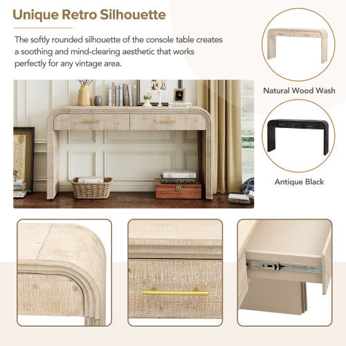 Retro entryway table with two drawers and open shelf in natural wood wash finish, vintage style console table for hallway or living room