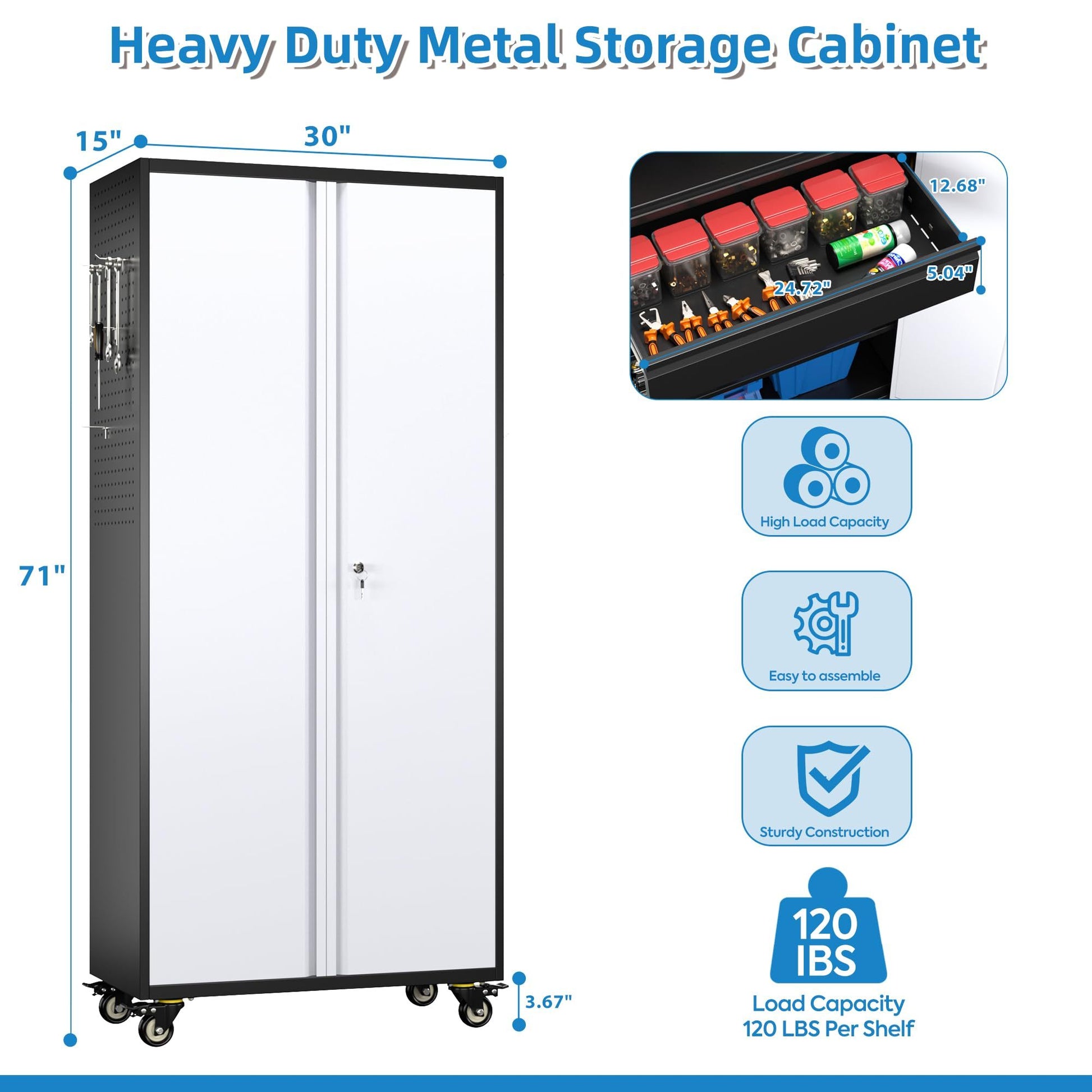 71-inch tall black and gray metal storage cabinet with lockable doors and caster wheels for mobile heavy-duty organization in workshop or garage