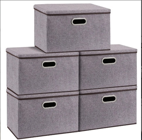 Foldable cotton and linen storage boxes in neutral color, measuring 44×30×30 cm, with soft fabric texture, reinforced sides, and durable non-woven lining; available in 3 or 5-piece sets for organizing clothes, bedding, or household items