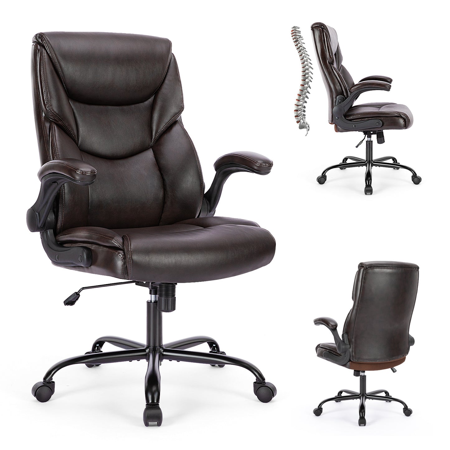 PU leather executive office chair with high back, ergonomic lumbar support, flip-up armrests, 360° swivel wheels, and durable frame supporting up to 275 lbs