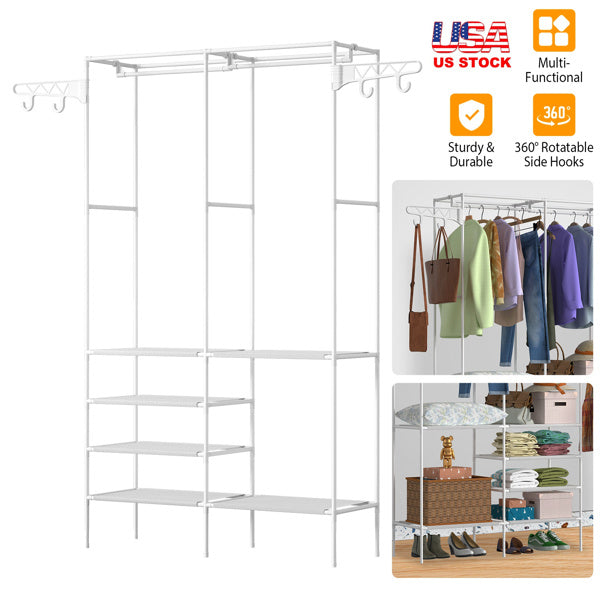 4-Tier Closet Organizer Shelf with Hanging Rods and Side Hooks – Space-Saving Fabric Wardrobe for Bedroom or Laundry Room