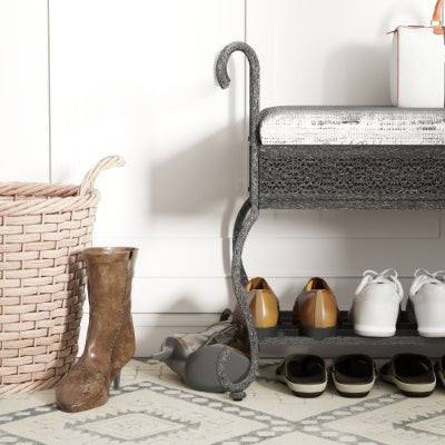 Industrial rustic entryway shoe rack bench with black upholstered seat and open metal shelves for shoe storage, rectangular design, metal frame, suitable for small spaces