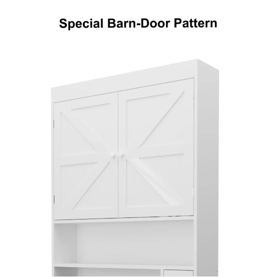 White over-the-toilet storage cabinet with two farmhouse-style doors and open bottom shelf for bathroom organization.