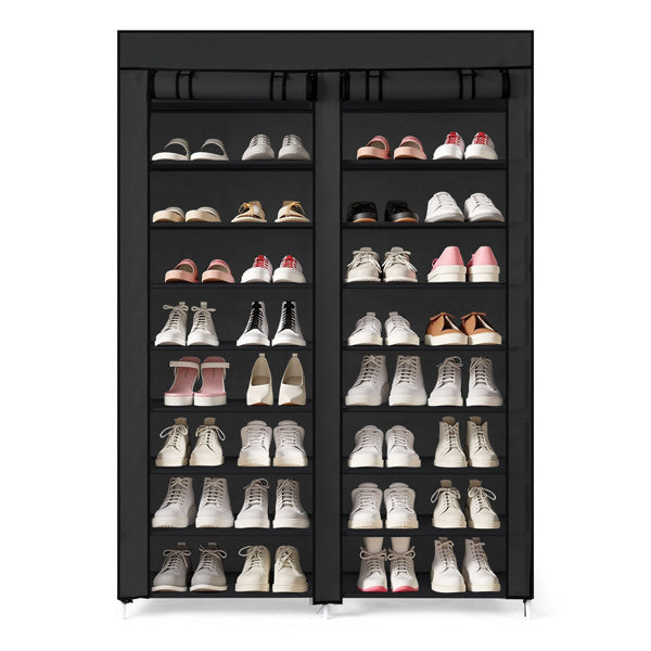 Black 10-tier shoe cabinet with slim vertical design and double-row storage shelves, ideal for organizing multiple pairs of shoes in small entryways, closets, or hallways