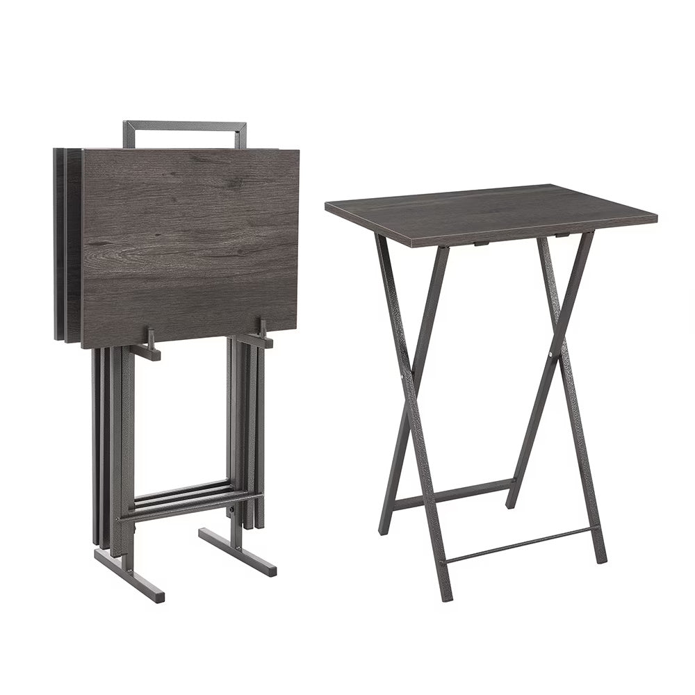 5-piece grey folding TV tray table set with storage stand – portable snack and laptop tables for living room or small spaces