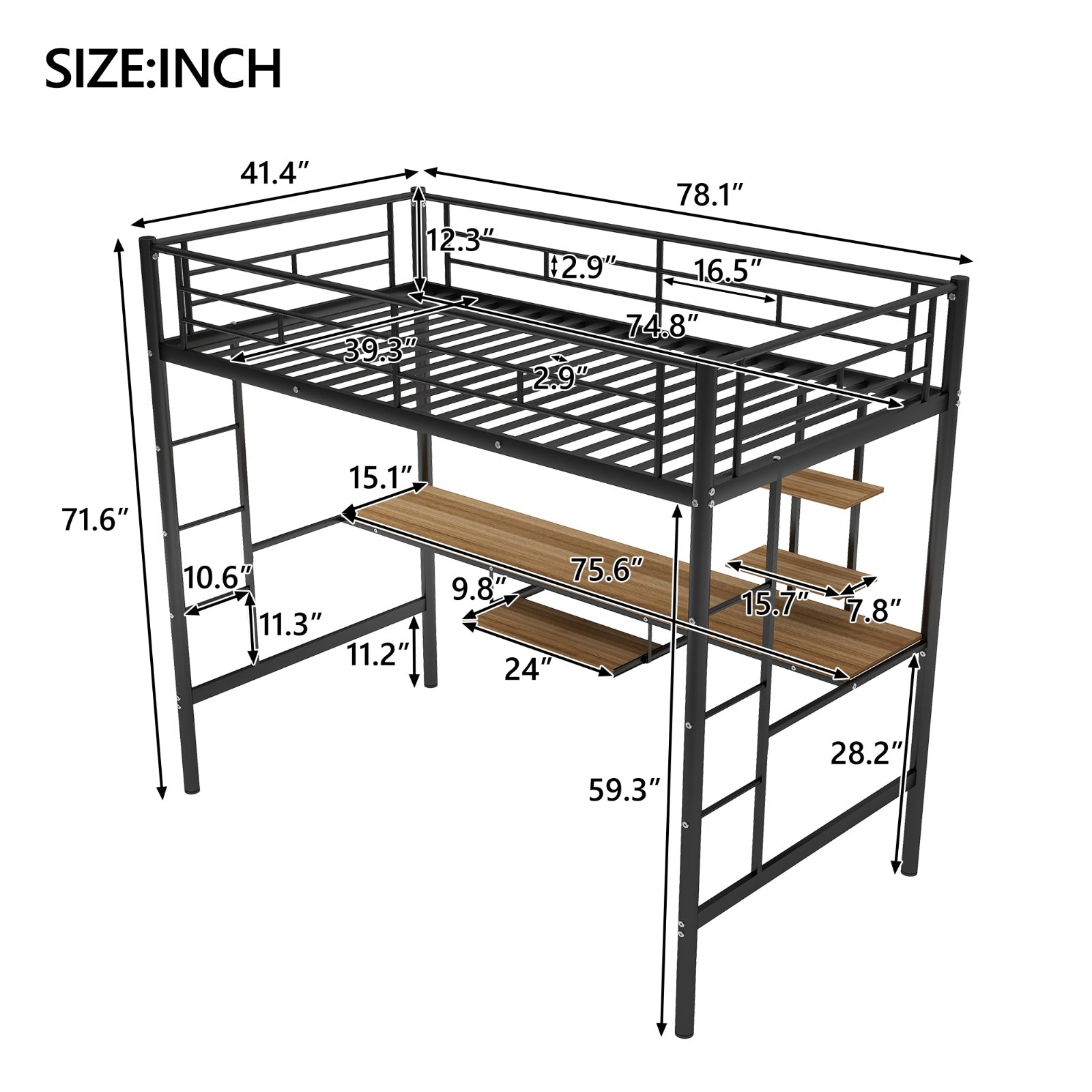 Black twin loft bed with metal frame, integrated desk and shelf underneath, ladder, and guardrail – space-saving bedroom furniture