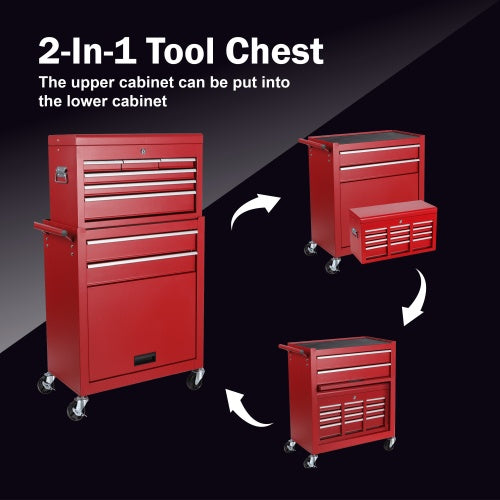 8-drawer rolling tool chest with detachable top toolbox, sturdy metal construction, mobile tool storage cart with caster wheels for easy workshop organization